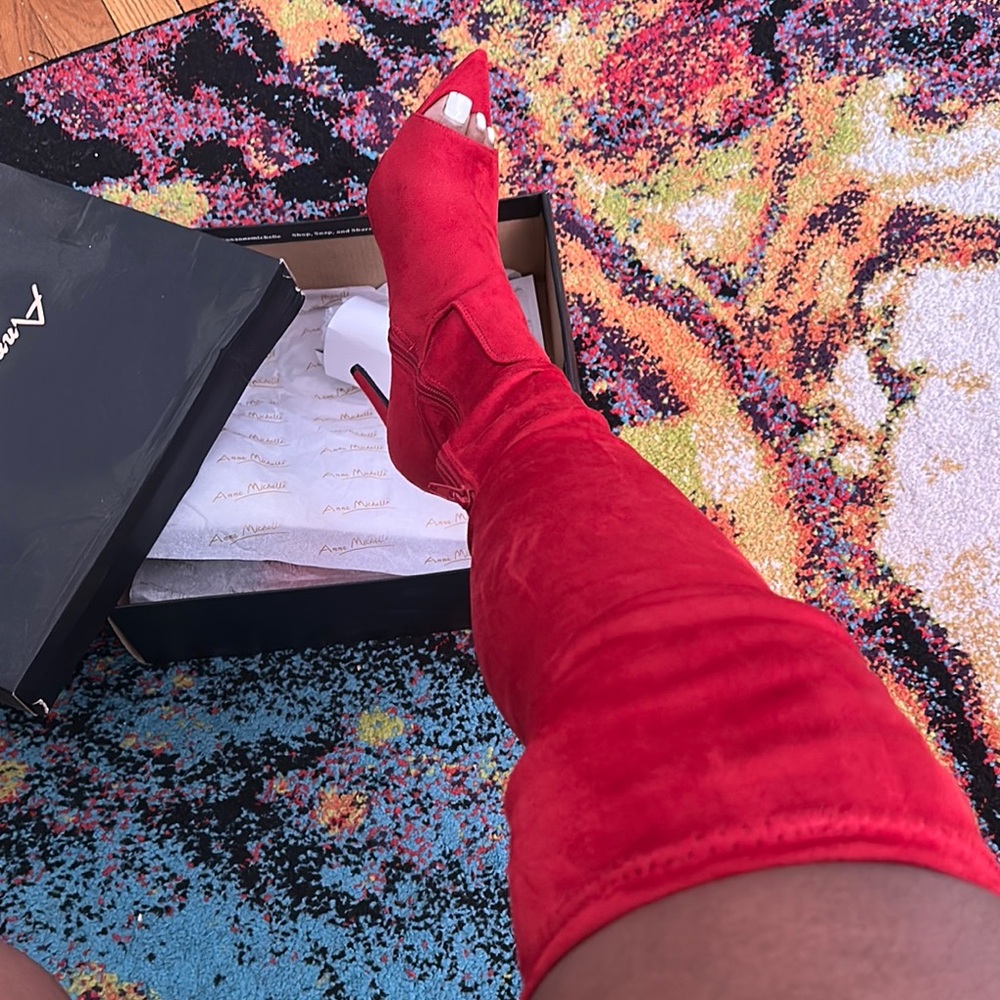 Red Suede Knee-High Boots